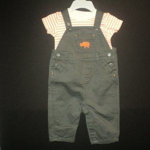 Carter's Overalls Boy's Size 6 Mos Olive Green Orange Rhino on Pocket w/ Shirt